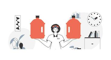 Deliveryman. holding a bottle of water in his hands. Water delivery concept. Lineart style. vector