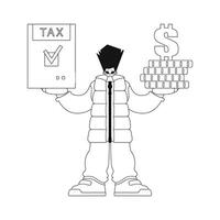 He holds aloft a tax return and a stack of coins a vector illustration in linear style.