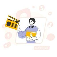 Trendy style line art. Blogger guy. Video blogging and podcast concept. Vector illustration.