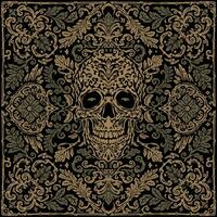 Vintage hand drawn damask and floral brown sugar skull pattern bandana vector