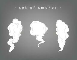 Smoke illustration set for special effects template. Clouds set on dark background. dust, fog,vapoorize, vaping vector