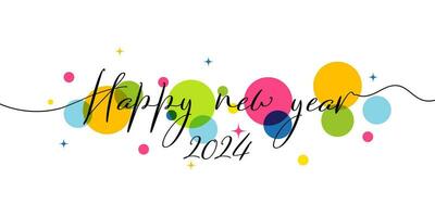 Happy new year 2024 handwritten phrase with swirl ribbons, colored circles and stars. Vector colorful illustration