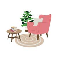 Living room. Home comfort. Cozy interior with armchair with cushion, indoor plant, coffee table with books, carpet. Scandinavian hygge style. Isolated vector illustration