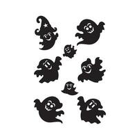 Set of cute funny happy ghosts. Childish spooky boo characters for kids. Magic scary spirits with different emotions and face expressions. Isolated flat cartoon vector illustrations of comic phantoms