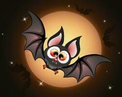 Cute fluffy cartoon Halloween bat on the full moon background vector