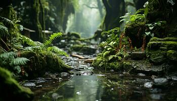 lozano verde bosque, tropical selva, tranquilo escena, fluido agua, desierto generado por ai foto
