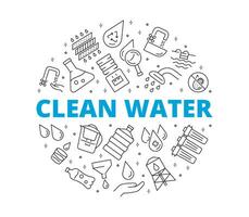 Set of linear icons for cleans water. Circular composition. It contains symbols such as filter, water, pool, glass, bottle and much more. vector