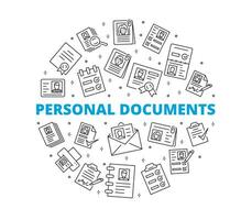 Set of linear icons for personal documents. Circular composition. It contains symbols such as identity card, portfolio, driver's license, resume, certificate and much more. vector