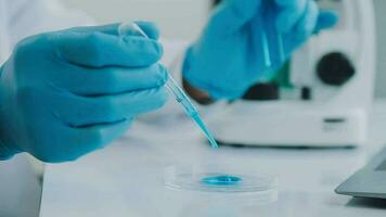 Health care researchers working in life science laboratory. Young female research scientist and senior male supervisor preparing and analyzing microscope slides in research lab. video