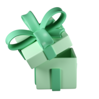 3d green open christmas gift box icon with pastel ribbon bow transparent. Render modern holiday. Realistic icon for present, birthday or wedding banner png