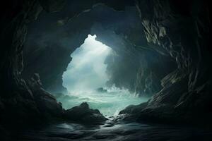 Cloudy sea wave from cave. Generate Ai photo