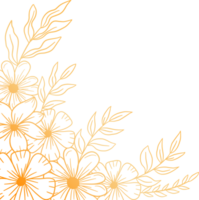 Gold floral corner border with hand drawn leaves and flowers for wedding or engagement png