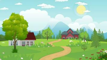 Comics cartoon video background with nature and green tree with road view