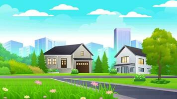 Comics cartoon video background with nature and green tree with road view