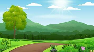 Comics cartoon video background with nature and green tree with road view