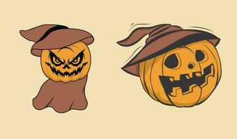 Víspera de Todos los Santos calabazas en vector con conjunto de diferente caras para íconos y decoraciones en amarillo antecedentes. vector ilustración.