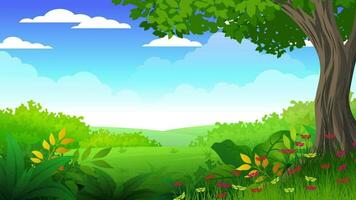 Cartoon comics green background motion video with nature and sky