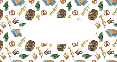 kader van houten loop, pint van bier, Duitse hoed, accordeon waterverf illustratie. krakeling, tarwe oor, trompet hand- getrokken. ontwerp voor bier festival, brouwen, menu, bewegwijzering, label. png