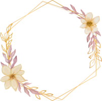 Flower and leaves on gold hexagon frame png