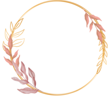 Hand drawn leaves on gold circle frame png