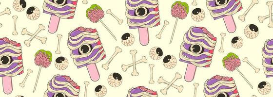 Colorful seamless pattern on the Halloween theme. Ice cream with an eye wrapped in a bandage, bones, eyes. Retro cartoon elements. Contemporary vector background.