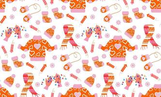 New Year pattern from winter clothes in flat style. Vector background with Christmas elements. For printing on packaging paper, fabric.
