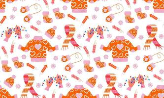 New Year pattern from winter clothes in flat style. Vector background with Christmas elements. For printing on packaging paper, fabric.