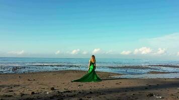 meisje in een lang jurk rennen Aan een zwart strand in Bali. groot golven in de oceaan. video