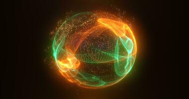 Abstract green orange energy sphere of particles and waves of magical glowing on a dark background photo