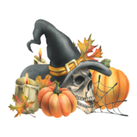 Human skull in a black witch hat with orange pumpkins, cobwebs, candles and autumn maple leaves. Hand drawn watercolor illustration for Halloween. Isolated composition png