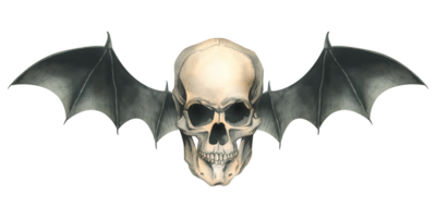 Front view human skull with black bat wings for death day holiday and halloween. Watercolor illustration, hand drawn. Isolated composition png
