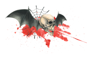 Side view of a human skull with black bat wings with a bloodstain and cobwebs for the holiday of Death Day and Halloween. Watercolor illustration, hand drawn. png
