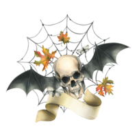 Human skull with bat wings, moth, paper scroll, witch hat, cobweb and autumn maple leaves. Hand drawn watercolor illustration for Halloween. Isolated composition png