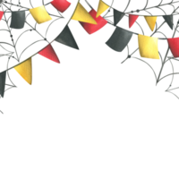 garlands with red, black and yellow flags are square and triangular with cobwebs. Hand drawn watercolor illustration for day of the dead, halloween, Dia de los muertos. Template png