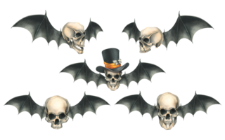 Human skulls in black top hat with orange satin ribbon with black bat wings for death day holiday halloween. Watercolor illustration hand drawn. Set of isolated elements png