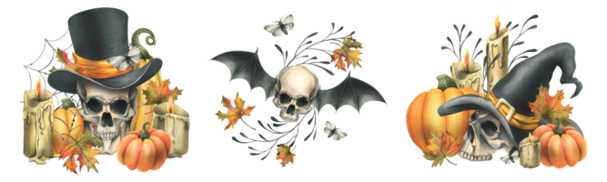 Human skulls in hats with bat wings, pumpkins, autumn leaves and candles. Hand drawn watercolor illustration for Halloween. Set of different compositions png