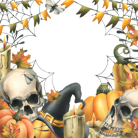 Human skulls with black witch hat, orange pumpkins, cobwebs, candles and autumn maple leaves. Hand drawn watercolor illustration for Halloween. Frame, template png