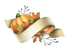 Orange autumn pumpkins with maple leaves, twigs and paper roll blank template for text. Watercolor illustration, hand drawn. Isolated composition png