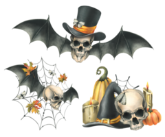 Human skulls in hats with bat wings, pumpkins, autumn leaves and candles. Hand drawn watercolor illustration for Halloween. Set of different compositions png