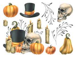 Human skull, black top hat with orange pumpkins, branches, candles and autumn maple leaves. Hand drawn watercolor illustration for Halloween. Set of isolated elements png