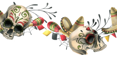 Ornamented human skull with a sombrero hat, maracas and garland flags. Hand drawn watercolor illustration for day of the dead, halloween, Dia de los muertos. Seamless border png