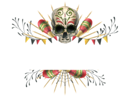 Human skull with an ornament, in a golden crown with rays, with cobwebs, garland flags and maracas. Hand drawn watercolor illustration for day of the dead, halloween, Dia de los muertos. Template png