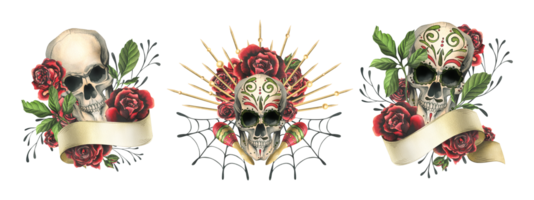 humano calaveras con mano dibujado ornamento con cinta para texto, rojo rosas. mano dibujado acuarela ilustración para Víspera de Todos los Santos, día de el muerto, dia Delaware los muertos. conjunto de composiciones png