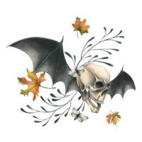 Human skull flying with bat wings, night moths and autumn maple leaves. Hand drawn watercolor illustration for Halloween. Isolated composition png