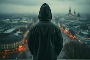 Rooftop scene man in hood, face obscured, copy space enhancing mysterious ambiance AI Generated photo
