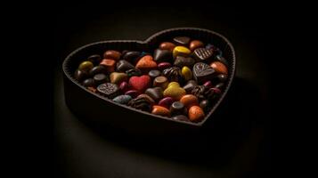 Heart shaped box with tasty chocolate candies on black background AI Generated photo