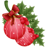 red christmas ball with bow holly berries and green leaves isolated on transparent background png