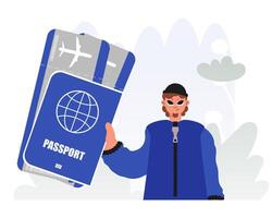 viaje de empresa. hombre con pasaporte y discutir Entradas. vector