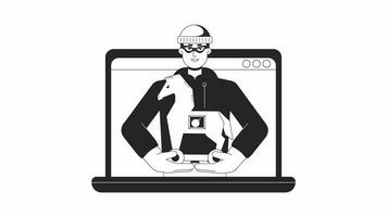 Cyber criminal holding trojan horse on laptop bw outline 2D animation. Spyware on notebook 4K video motion graphic. Hacker attack monochrome linear animated cartoon flat concept, white background