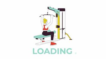 Working out on lat pulldown machine line 2D loading animation. Woman pulling bar down animated cartoon linear character 4K video loader motion graphic. Upper-body strength workout download process gif